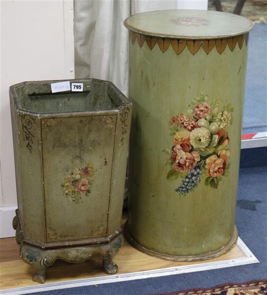 A green painted waste paper bin and a pedestal W.28cm and 34cm